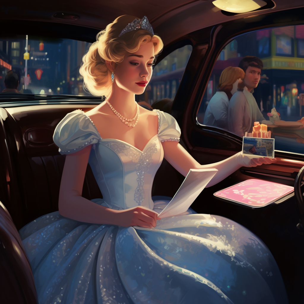 Cinderella driving Uber with pedestrians