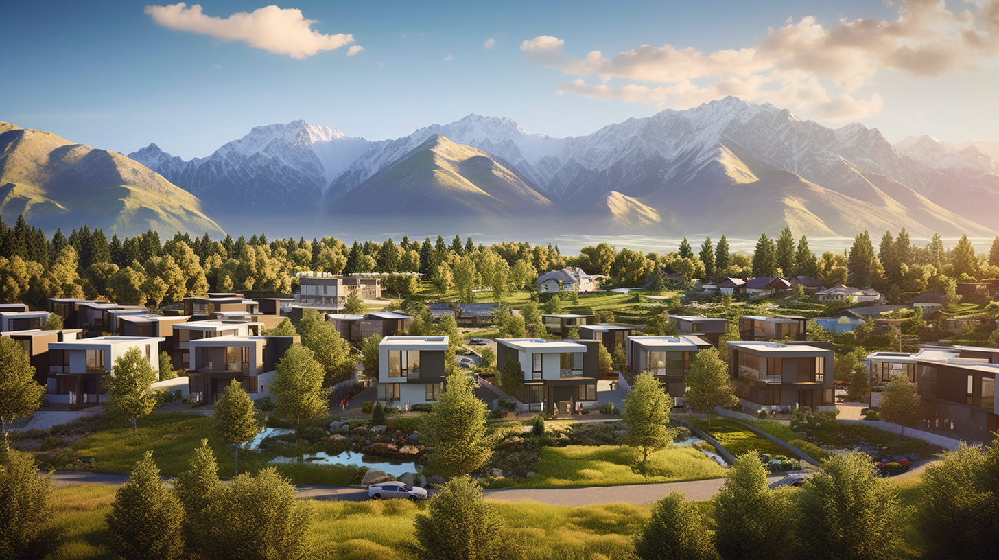 Aerial view of modern tiny homes in mountains