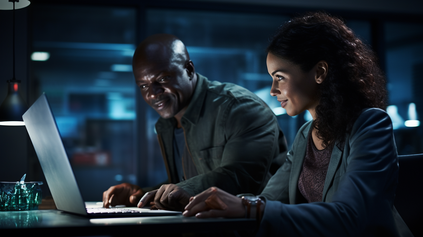 Middle-aged African man showing laptop to female colleague