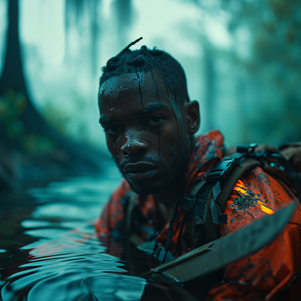 Close-up of black man with glowing knife in swamp