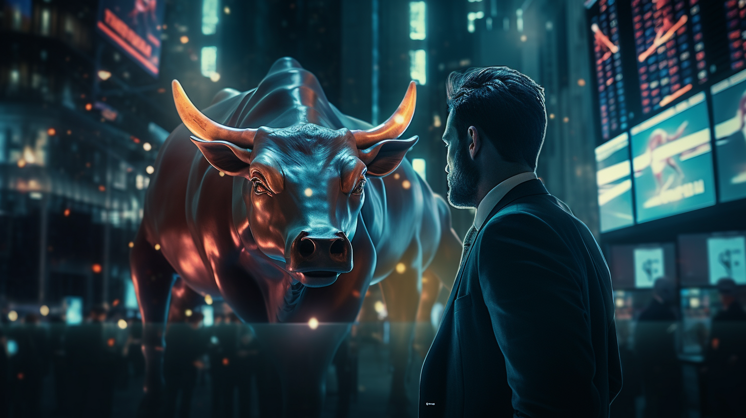 Cinematic bull trading candles in digital art