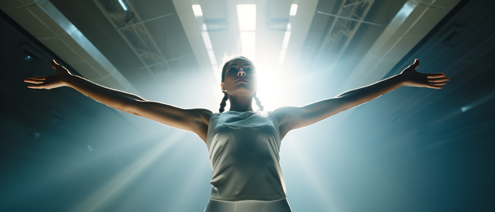 Futuristic dancer on industrial spaceship in cinematic shot