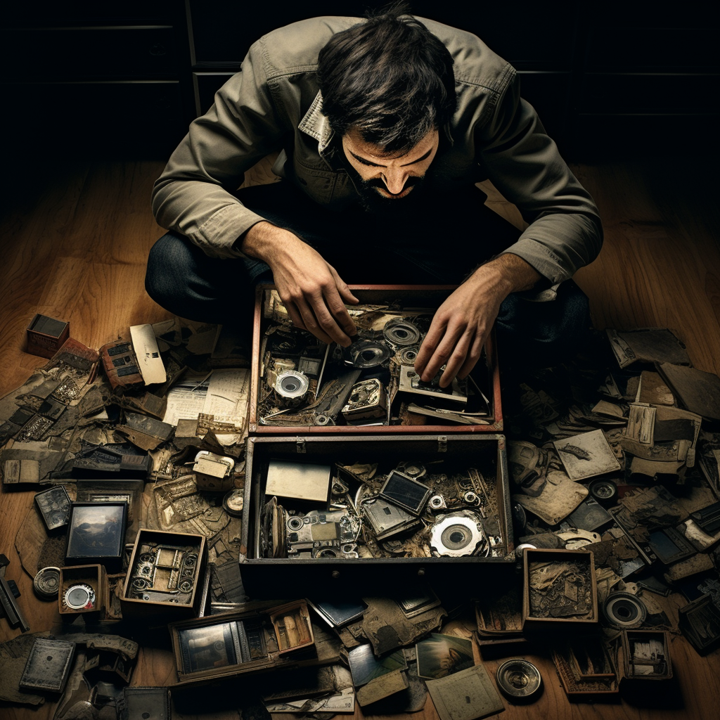 Documentarian examining old photos with cinematic textures