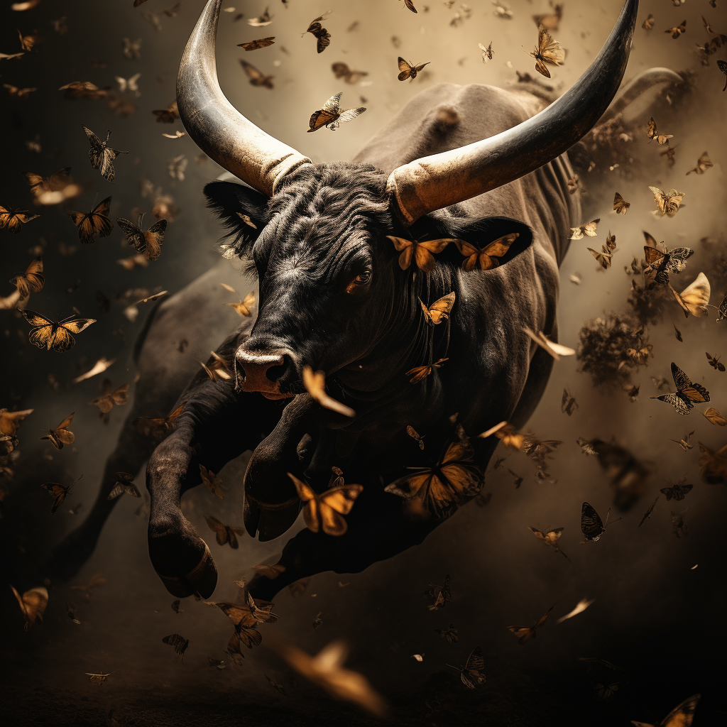 Butterflies spilling from charging bull horns