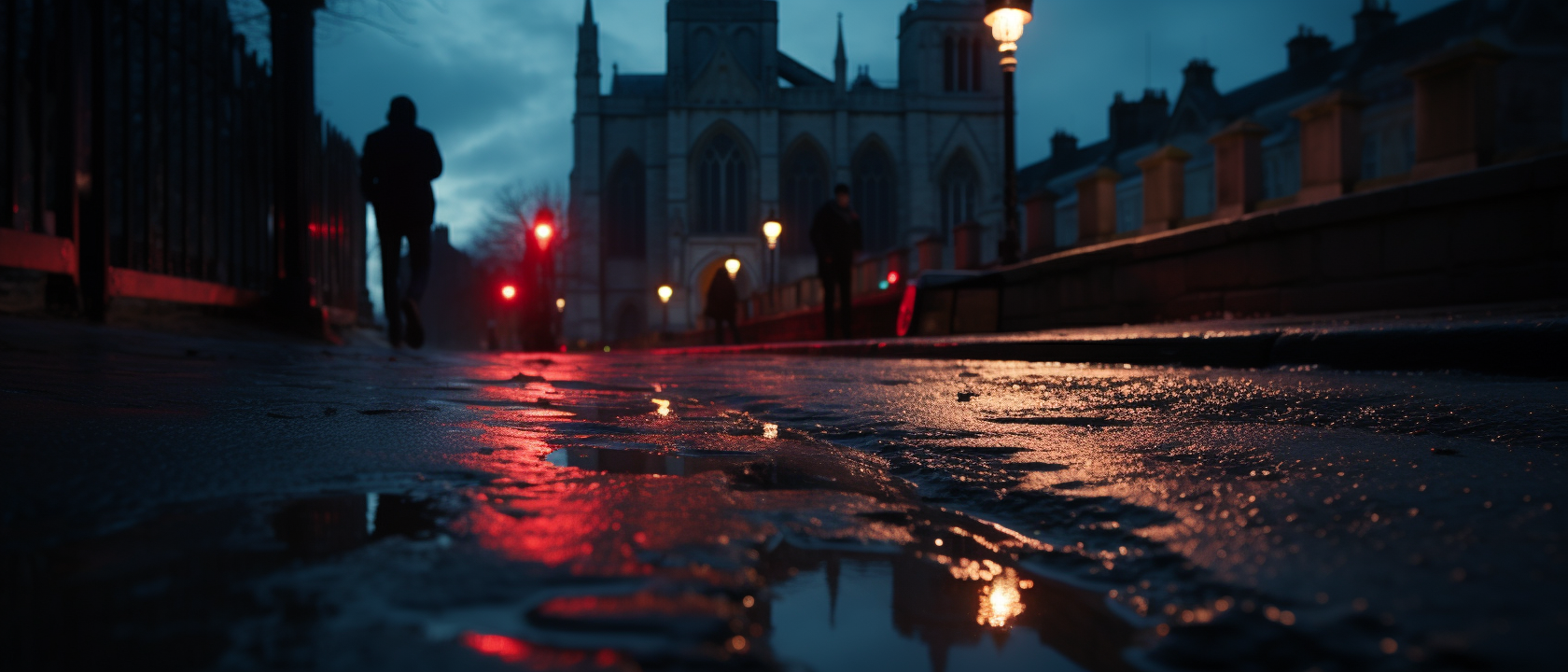 Cinematic reflection in front of cathedral