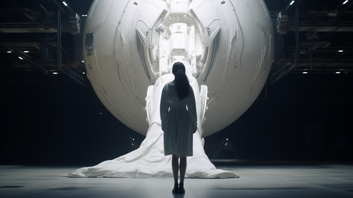 Girl standing in front of white spacecraft