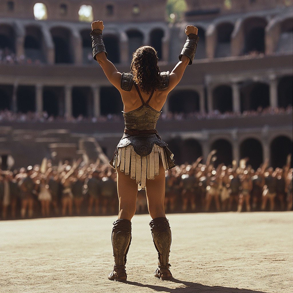 Gladiator in Colosseum raising fists