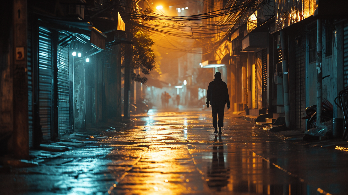 Asian boy walking in rain with gun