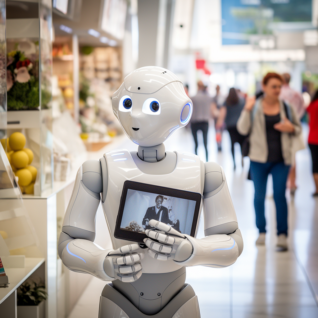 High-resolution image of a humanoid robot handling a credit card transaction