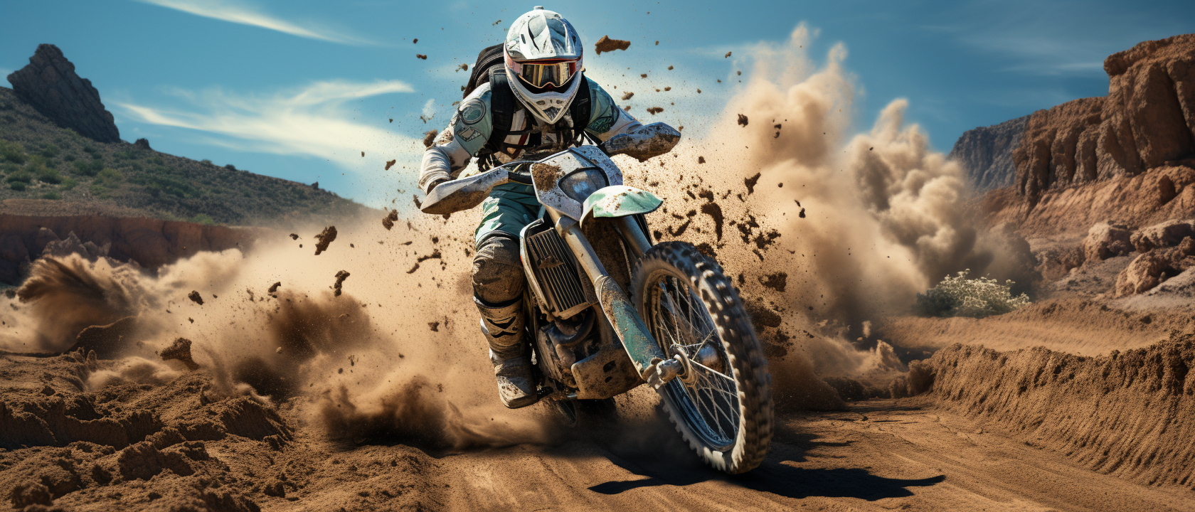 Cinematic image with a middle-aged rider on a dirt bike