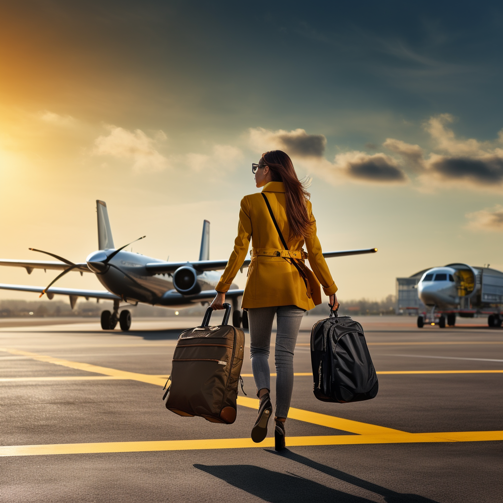 woman carrying bags exiting flying taxi