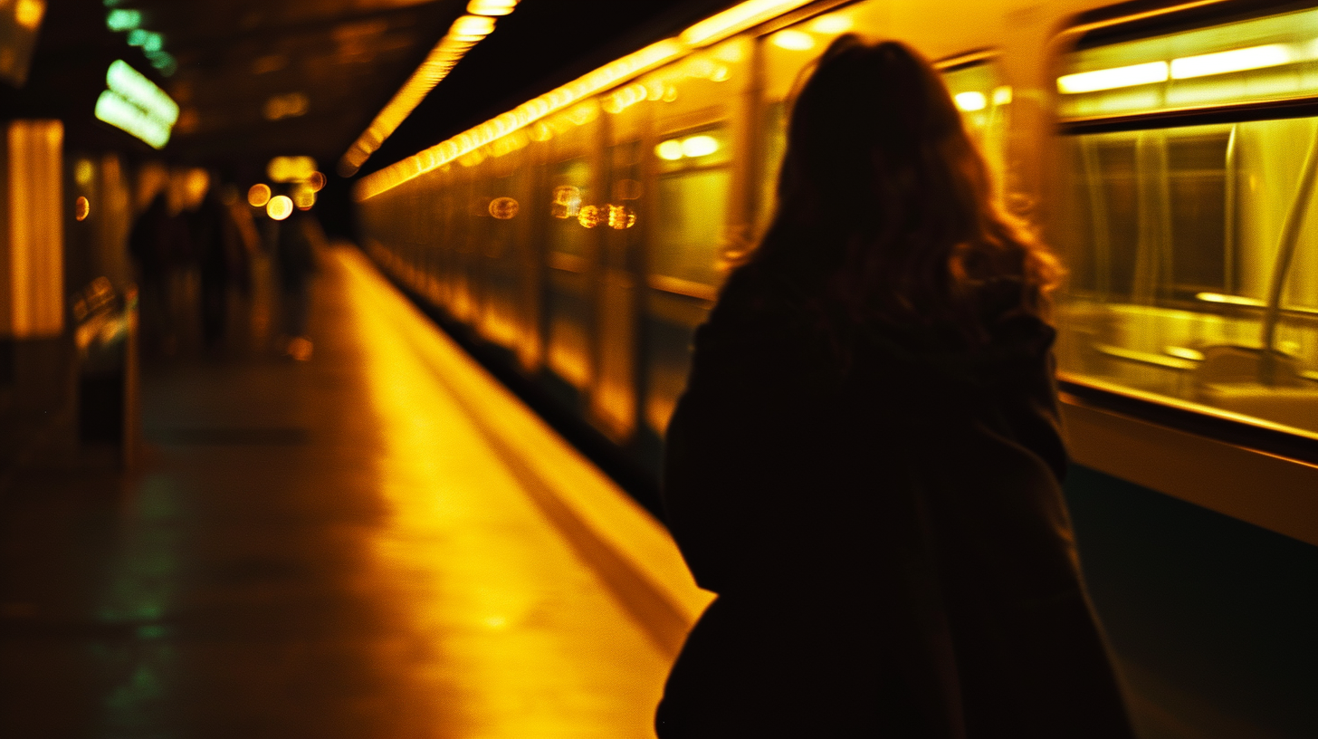 Cinematic minimalist image of a woman and metro in Paris