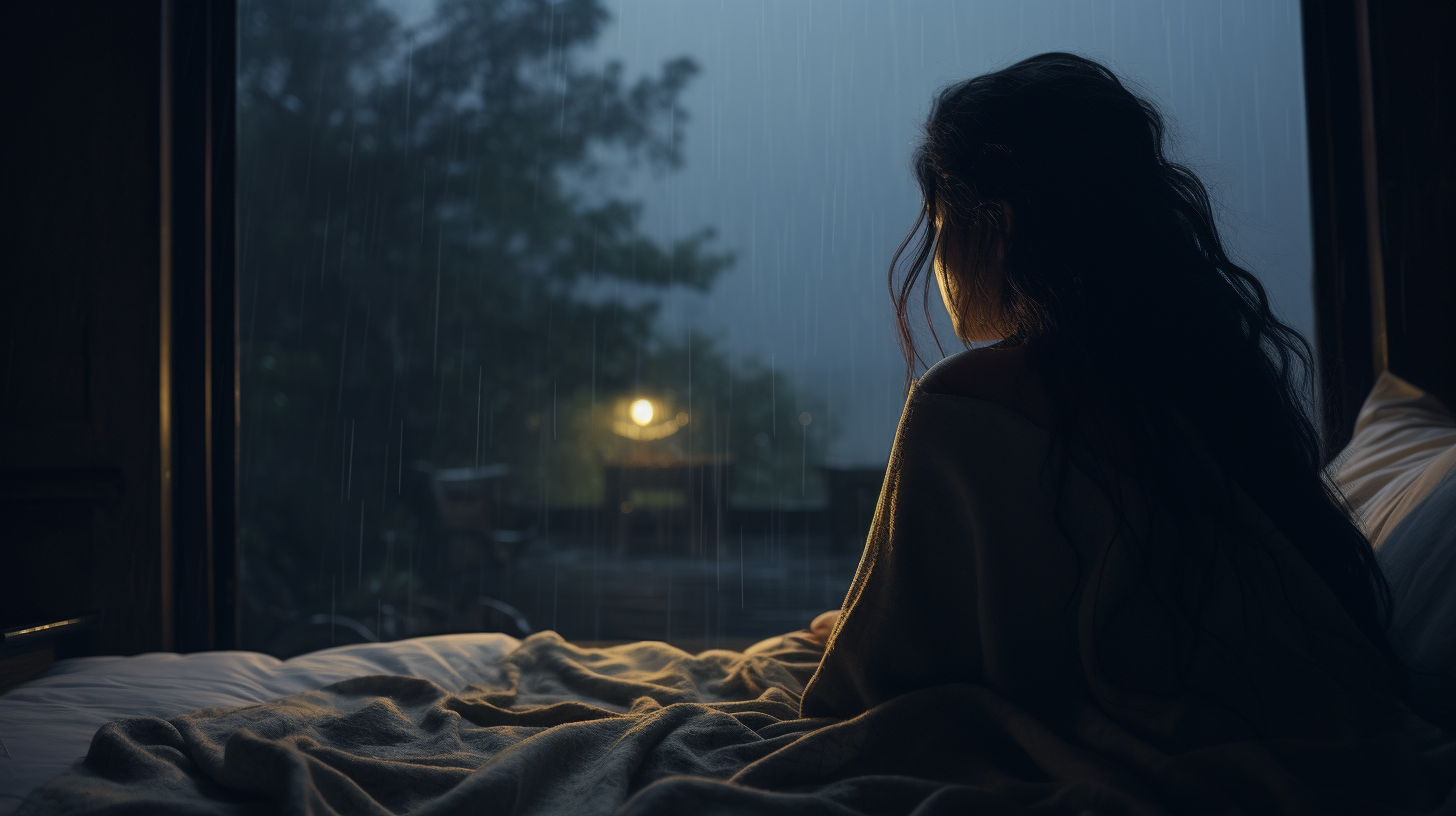 Cinematic night rain landscape with cozy bed