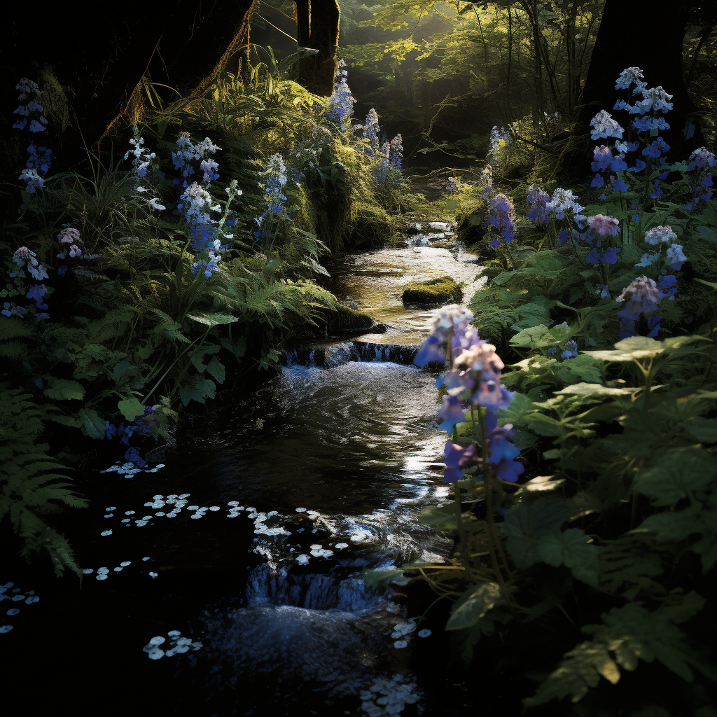 Cinematic photography of blue creek with surrounding flowers