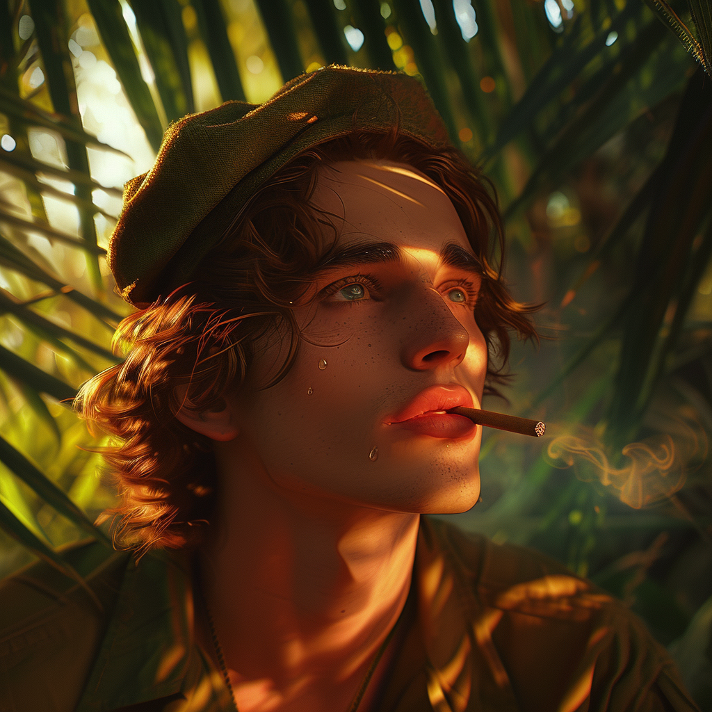 Young man smoking joint in tropical forest