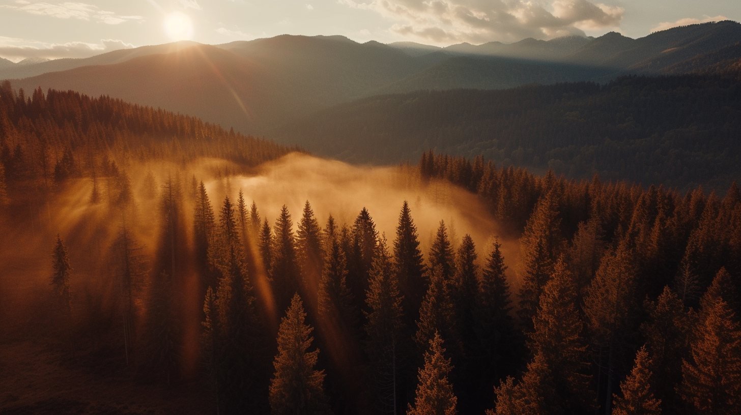 Cinematic Scene with Mountains, Clouds, and Trees