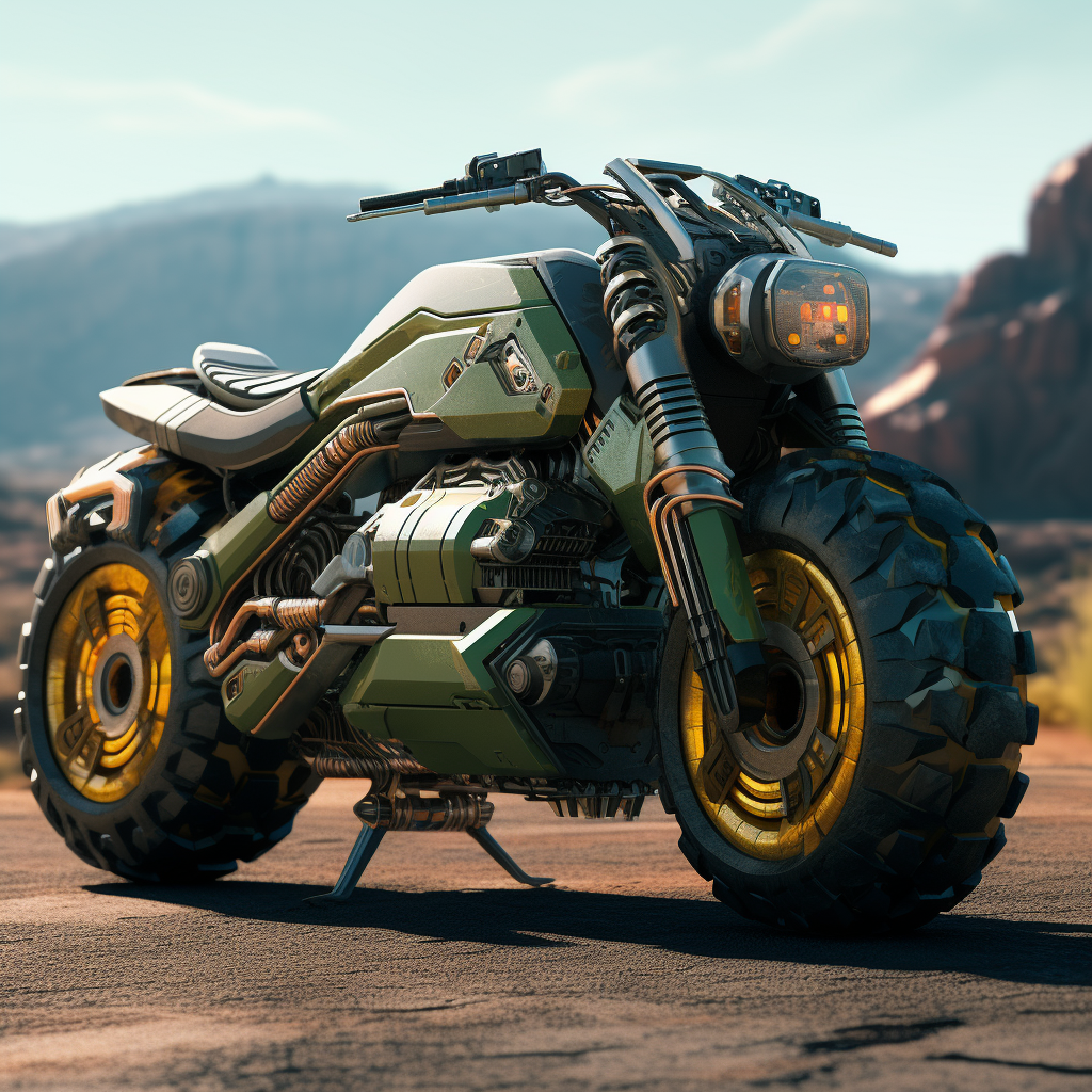 Futuristic motorcycle in a post-apocalyptic setting