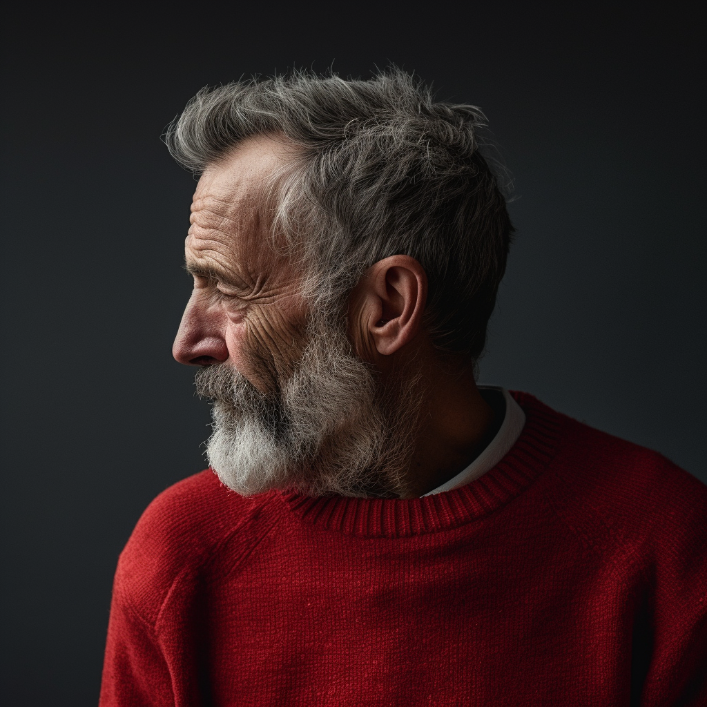 Old man in red sweater facing away