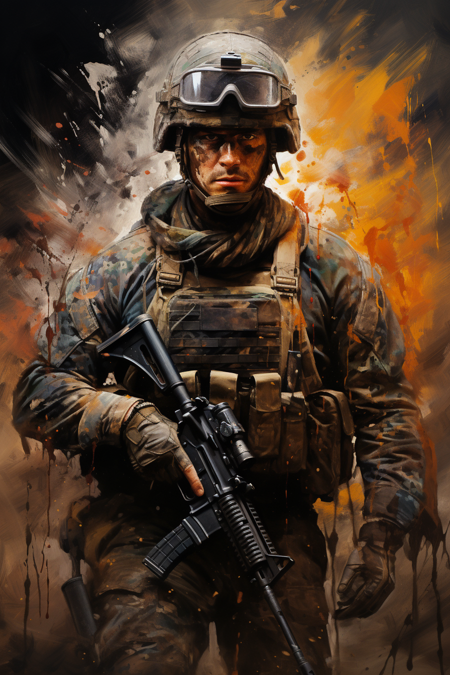 Realistic soldier painting in combat gear