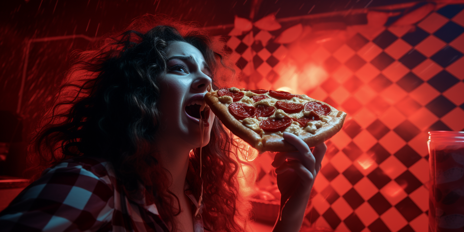 Person enjoying pizza slice in artistic setting