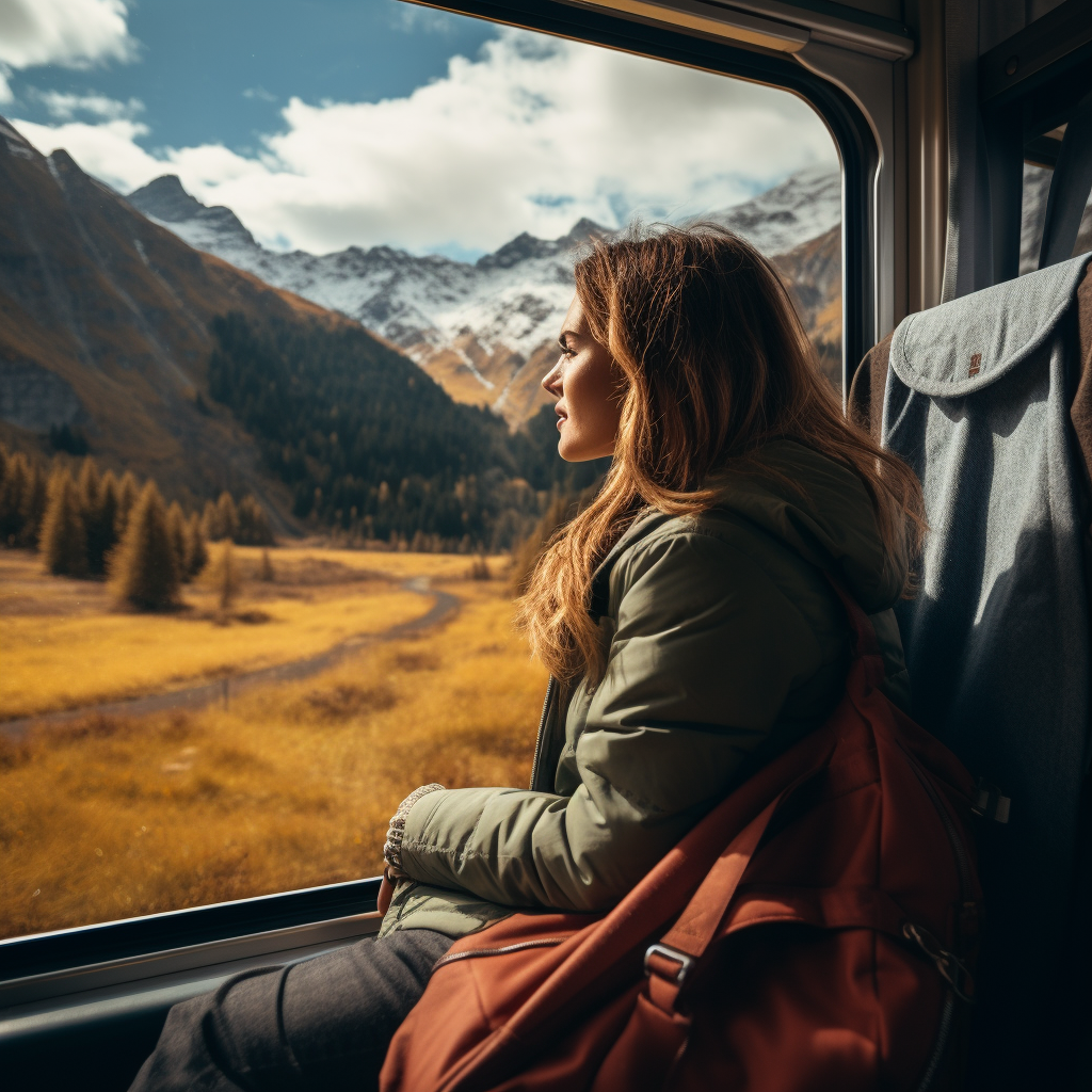 Female traveler admiring autumn landscape from train window