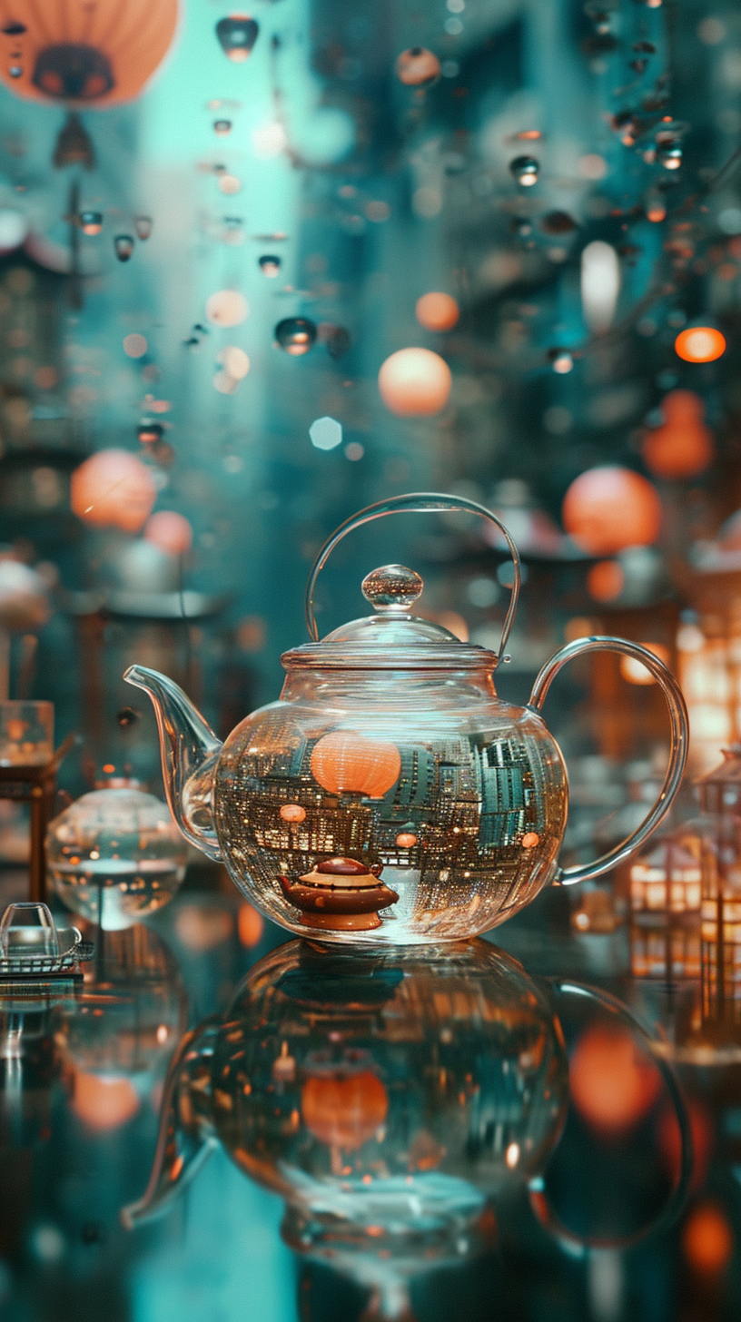 Transparent teapot city cosmic landscape