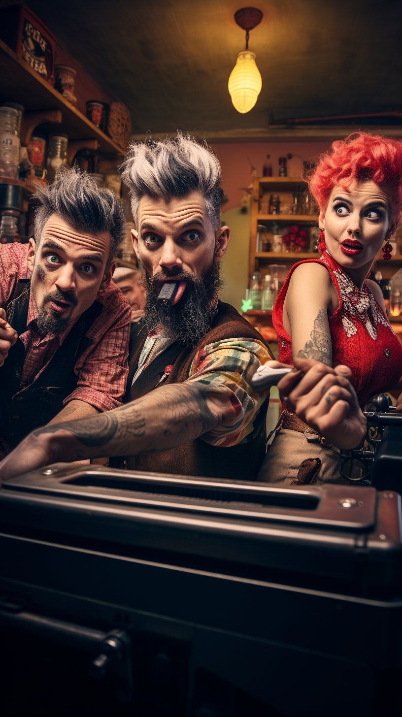 Colorful hair punks robbing a bank in classic Western style