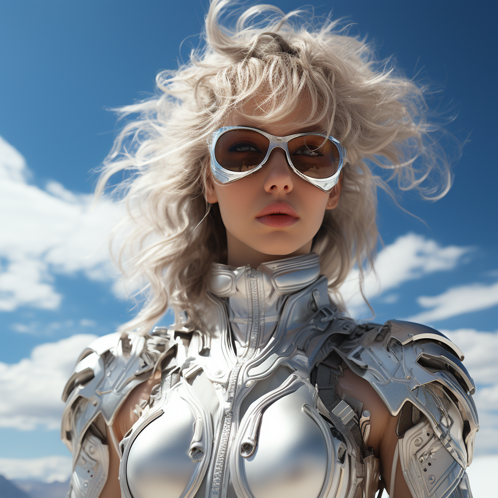 Futuristic white cyborg woman in dress and astronaut suit