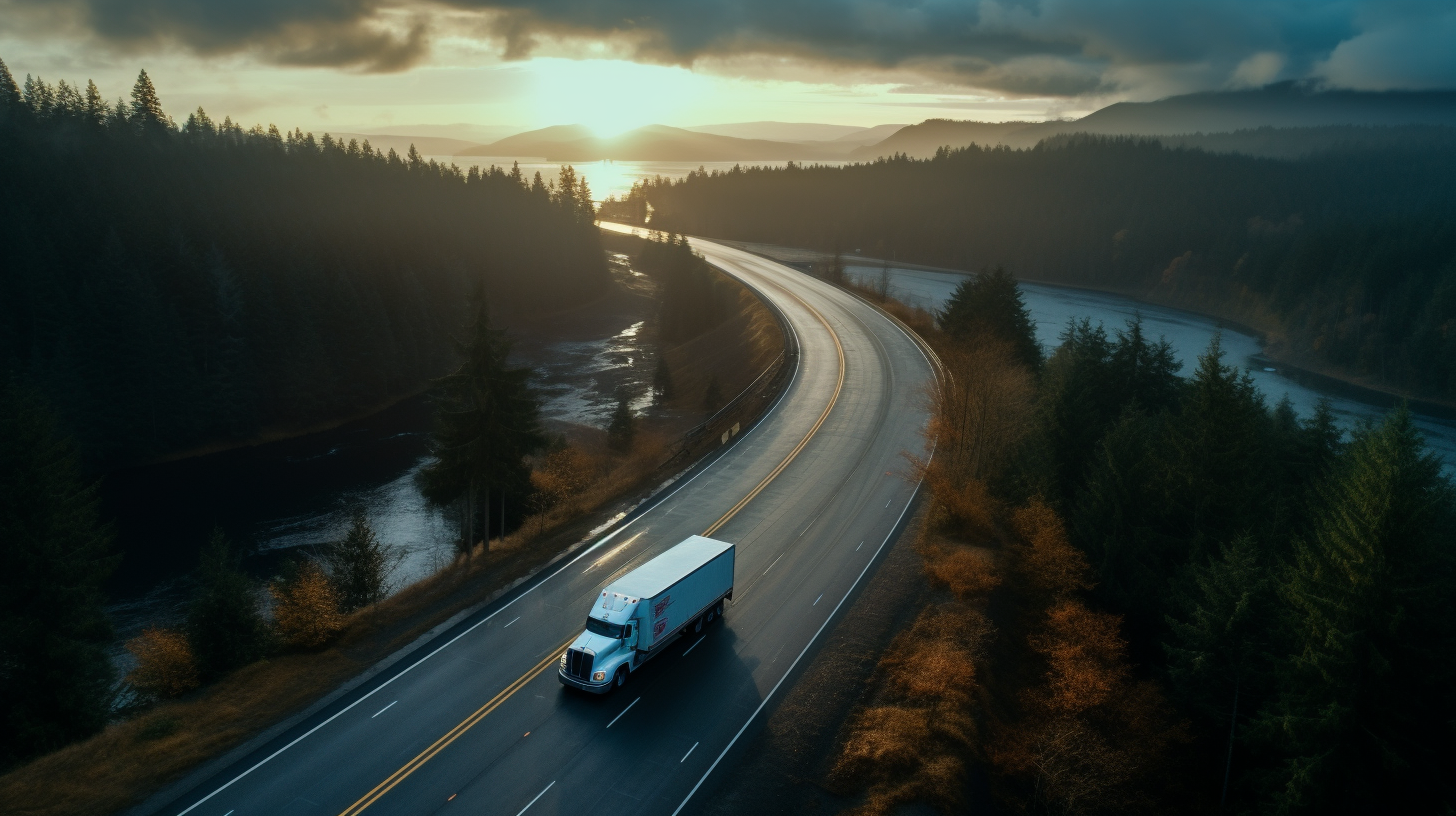 Aerial photo of Freightliner truck on winding freeway