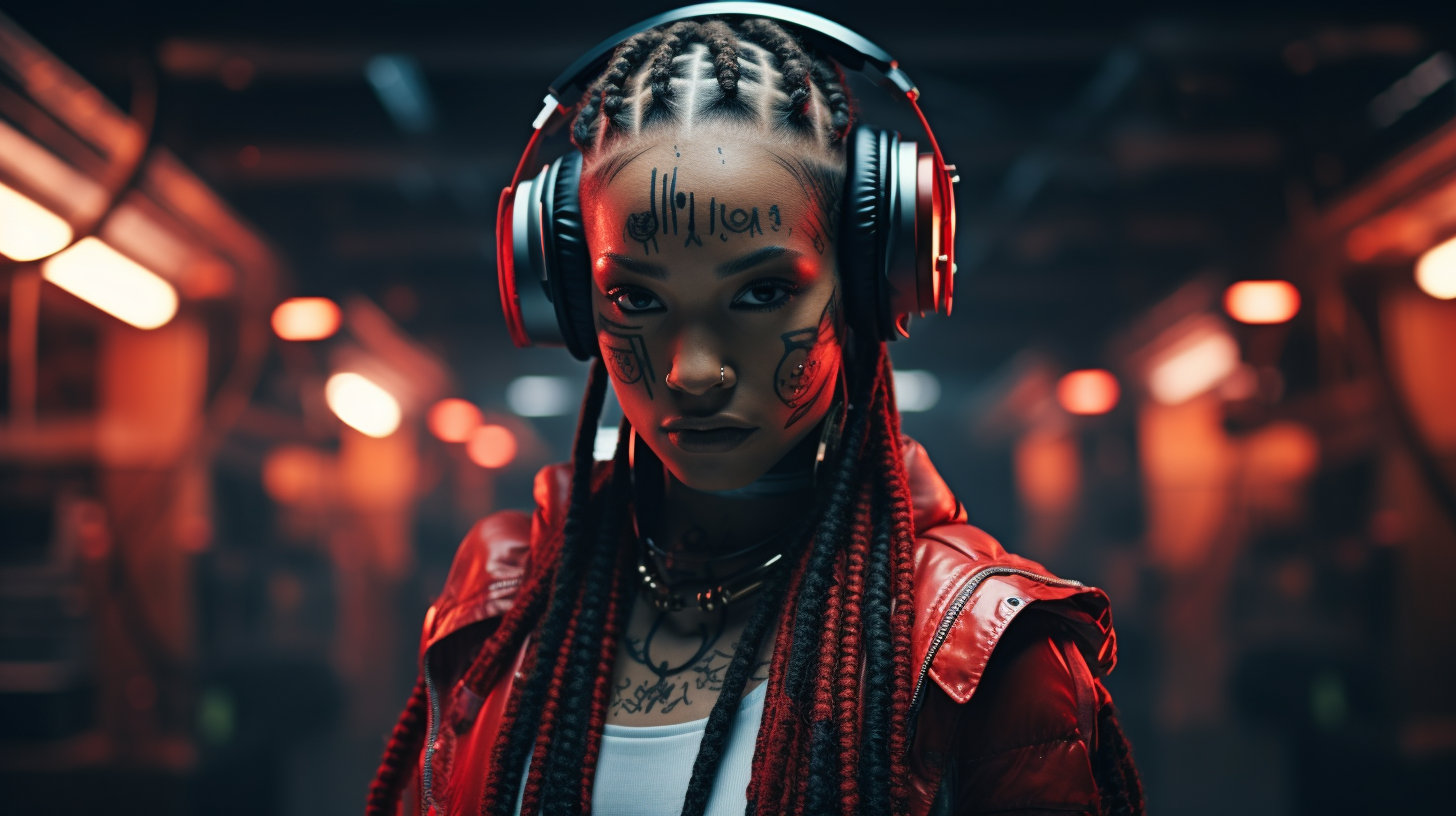 Woman with Black and Red Braids in Cyberpunk Setting