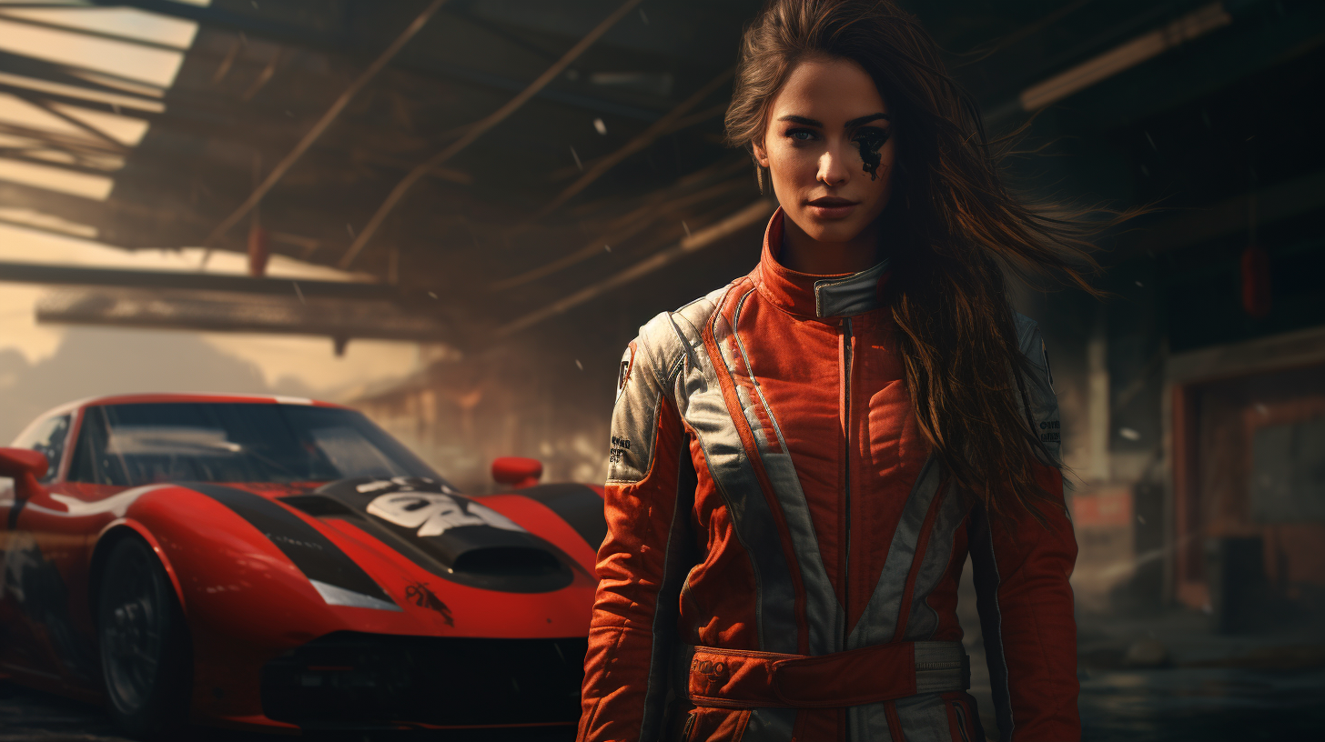 Beautiful woman car racer in cinematic setting