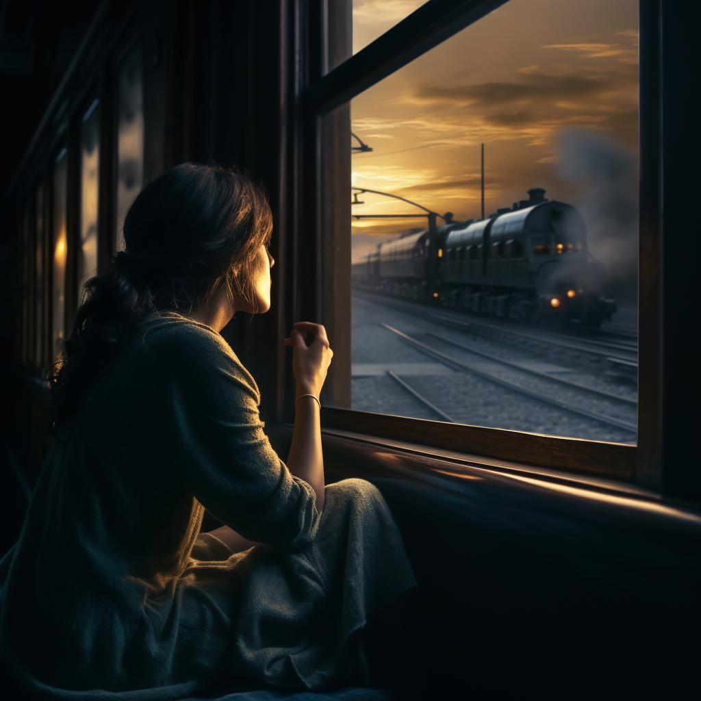 Beautiful woman watching train by window