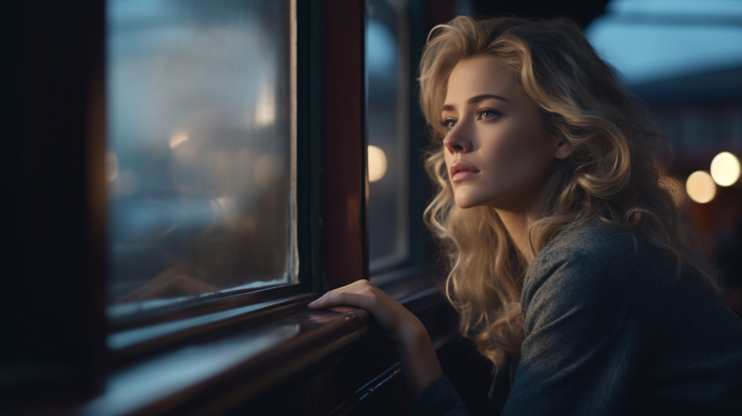 Beautiful woman watching train by window