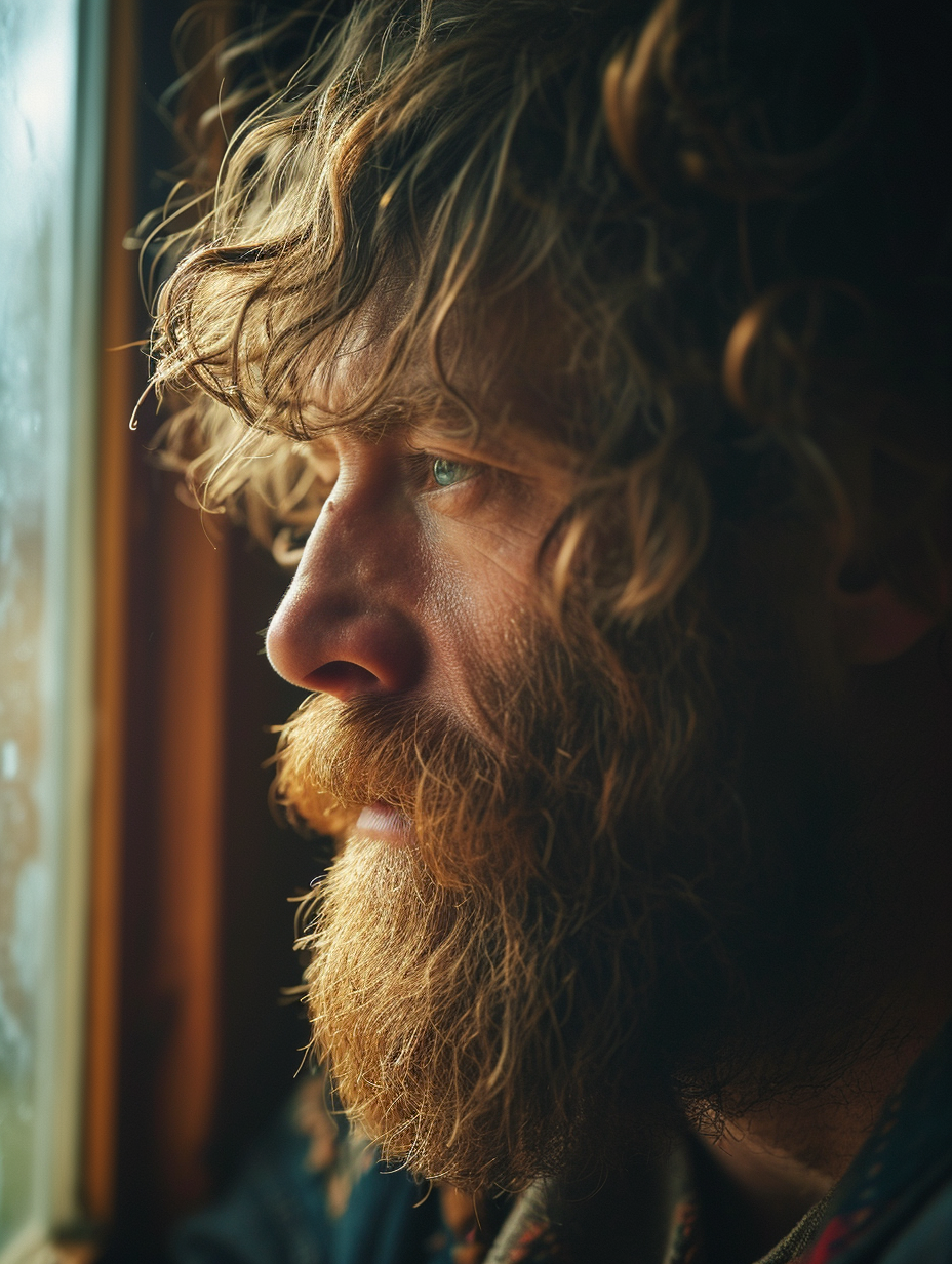 Close-up Photo of Burly Bearded Man Looking Out Window