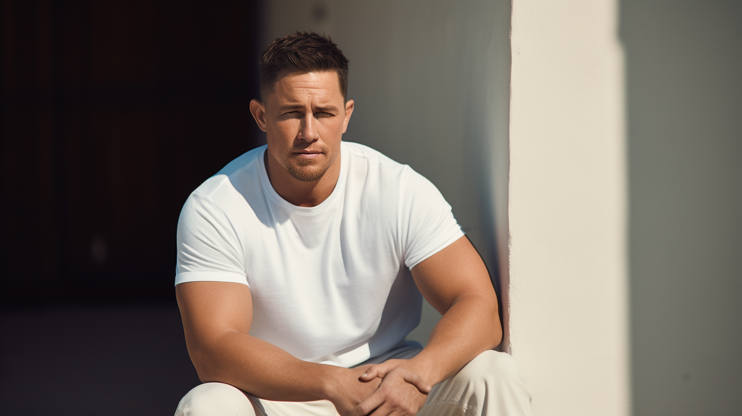 Channing Tatum in white crew Tshirt with ethereal glow