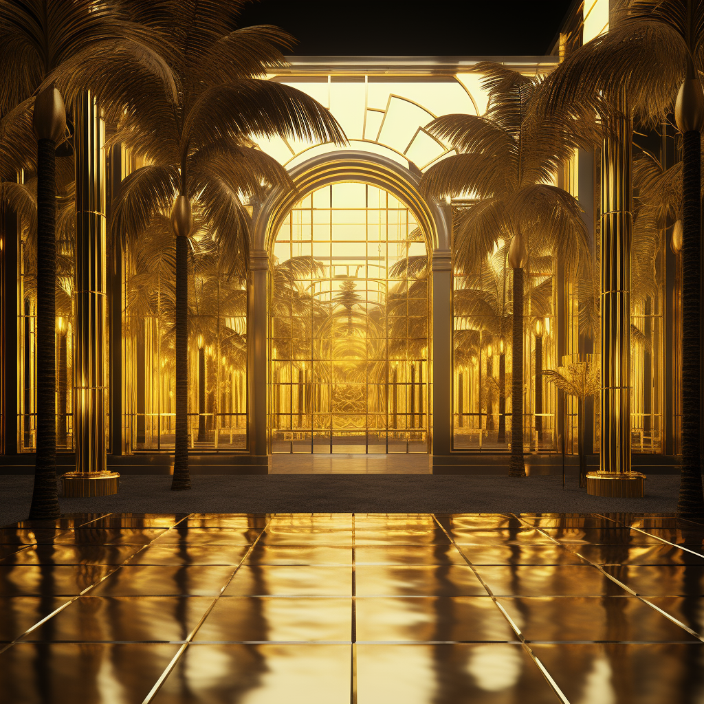 Cinematic gold room with 3D door and palm tree leaves