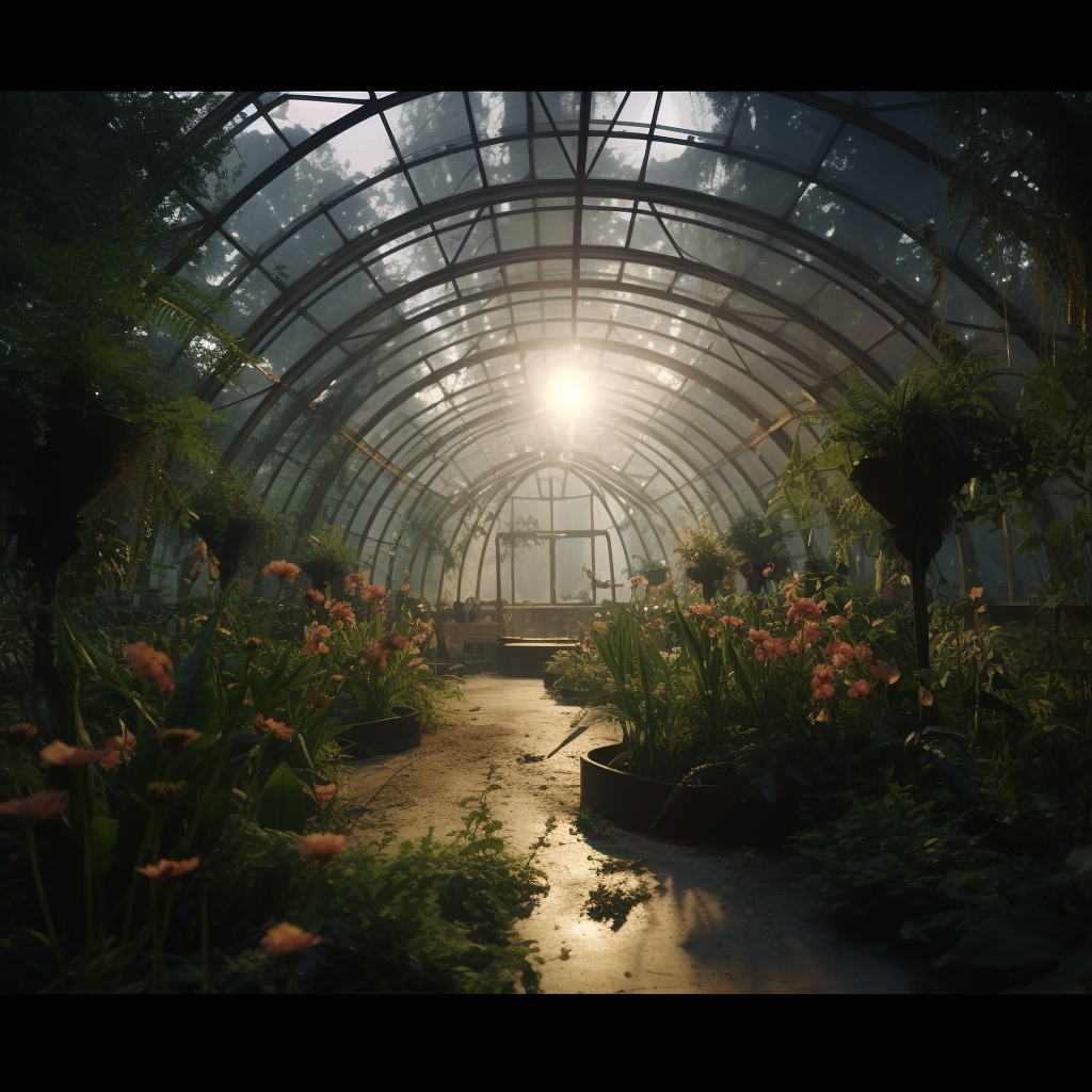 Cinematic scene of a futuristic greenhouse with lush greens and flowers