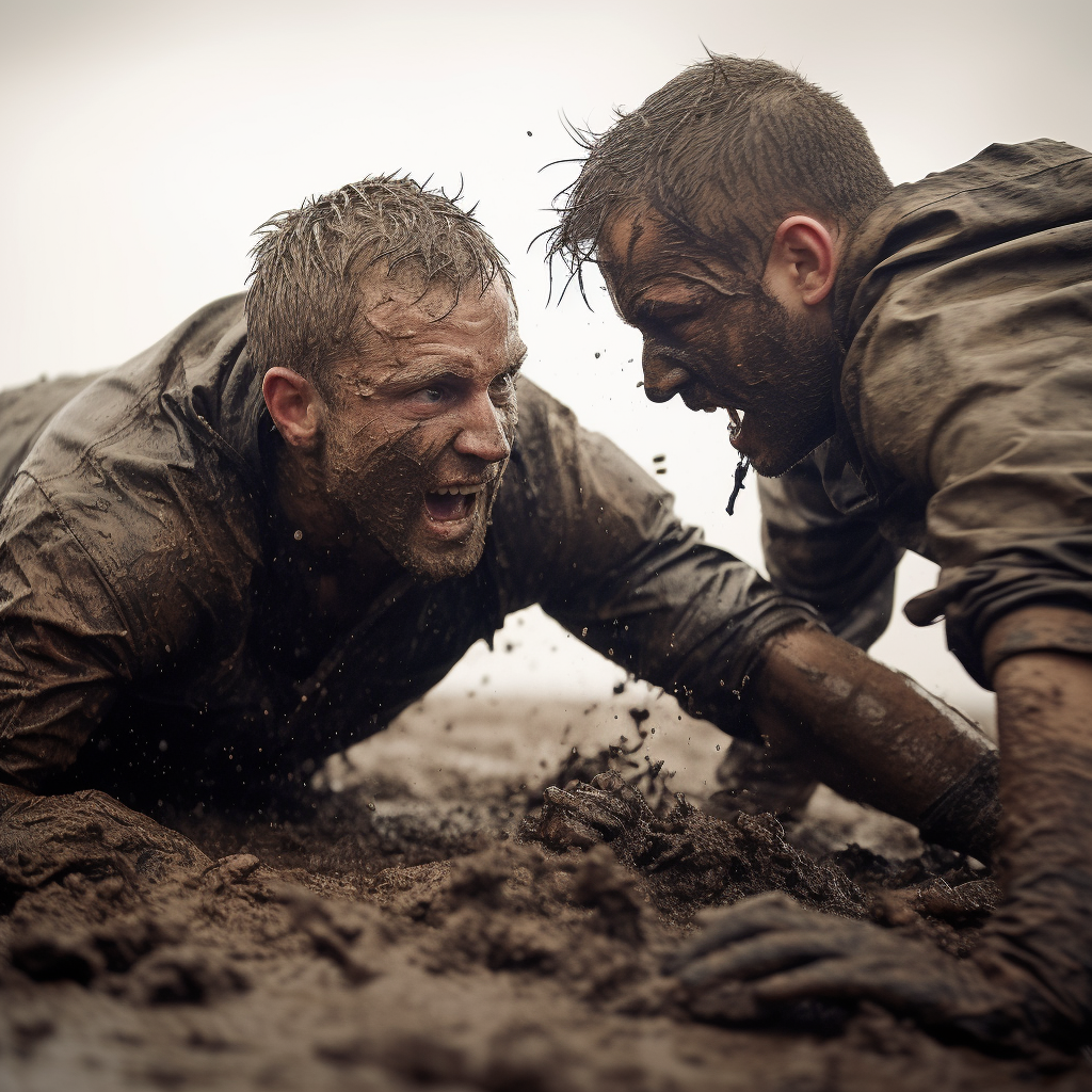 Intense mud wrestling match in progress