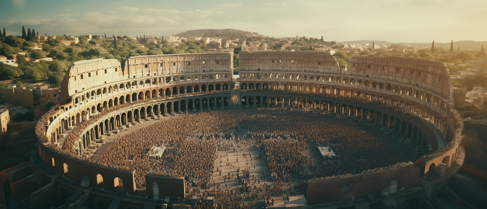 Aerial shot of hyperrealistic Roman Colosseum with crowd