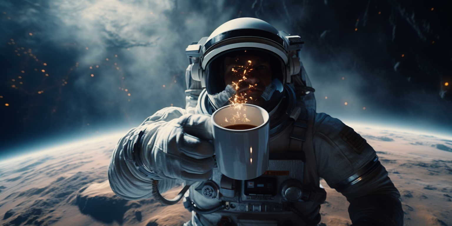 Astronaut enjoying a cup of coffee in a cinematic still