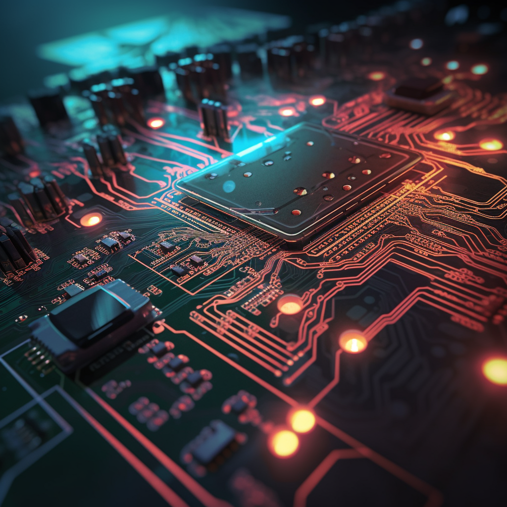 Close-Up of Circuit Board with Beams of Light