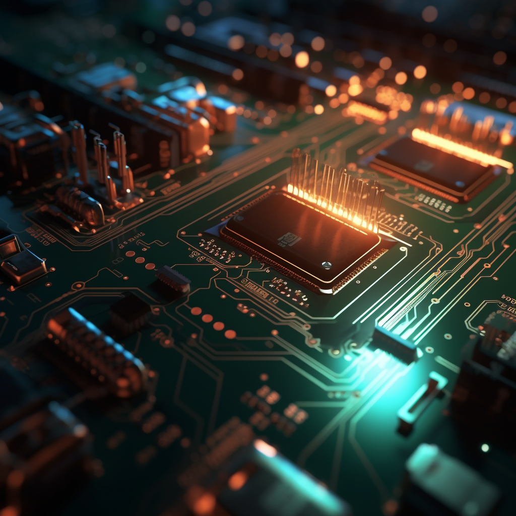 Closeup of circuit board with light beams