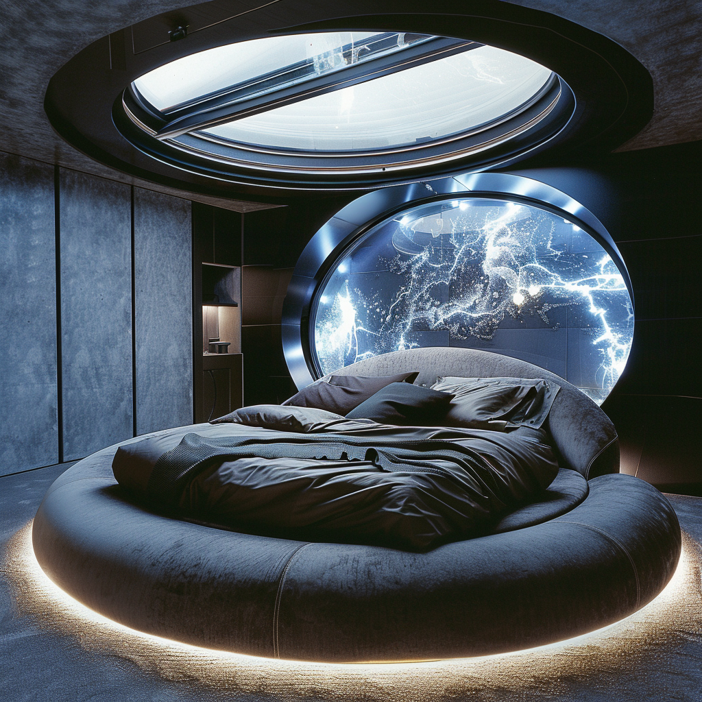 Circular bed in futuristic room