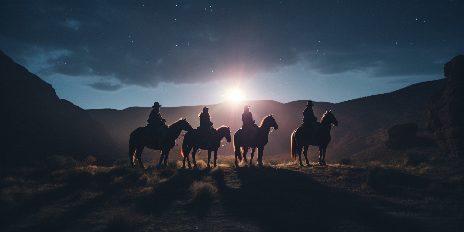 Group of kids on horseback under celestial beam