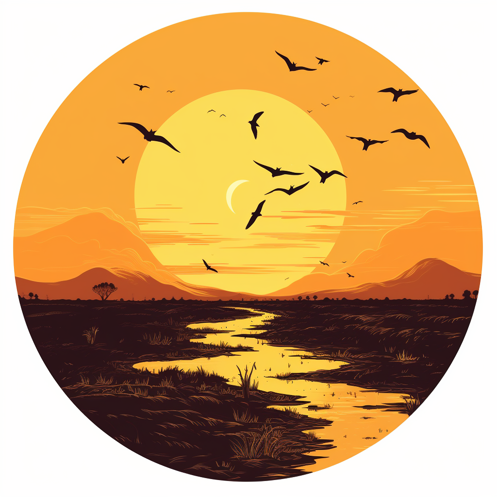 Yellow sky with circular sticker on a dry desert with dying bird