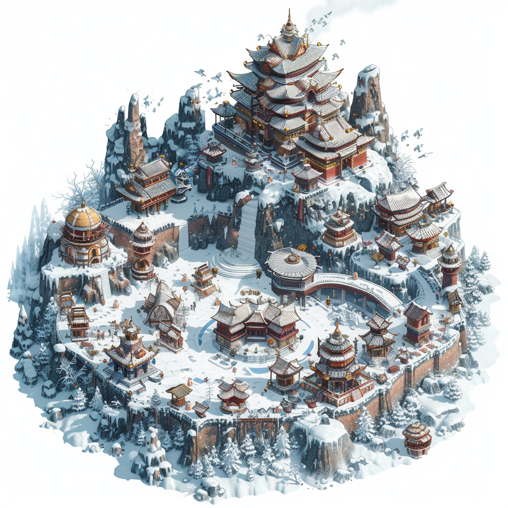 Frosty Mountain Game Village with Floating Buildings