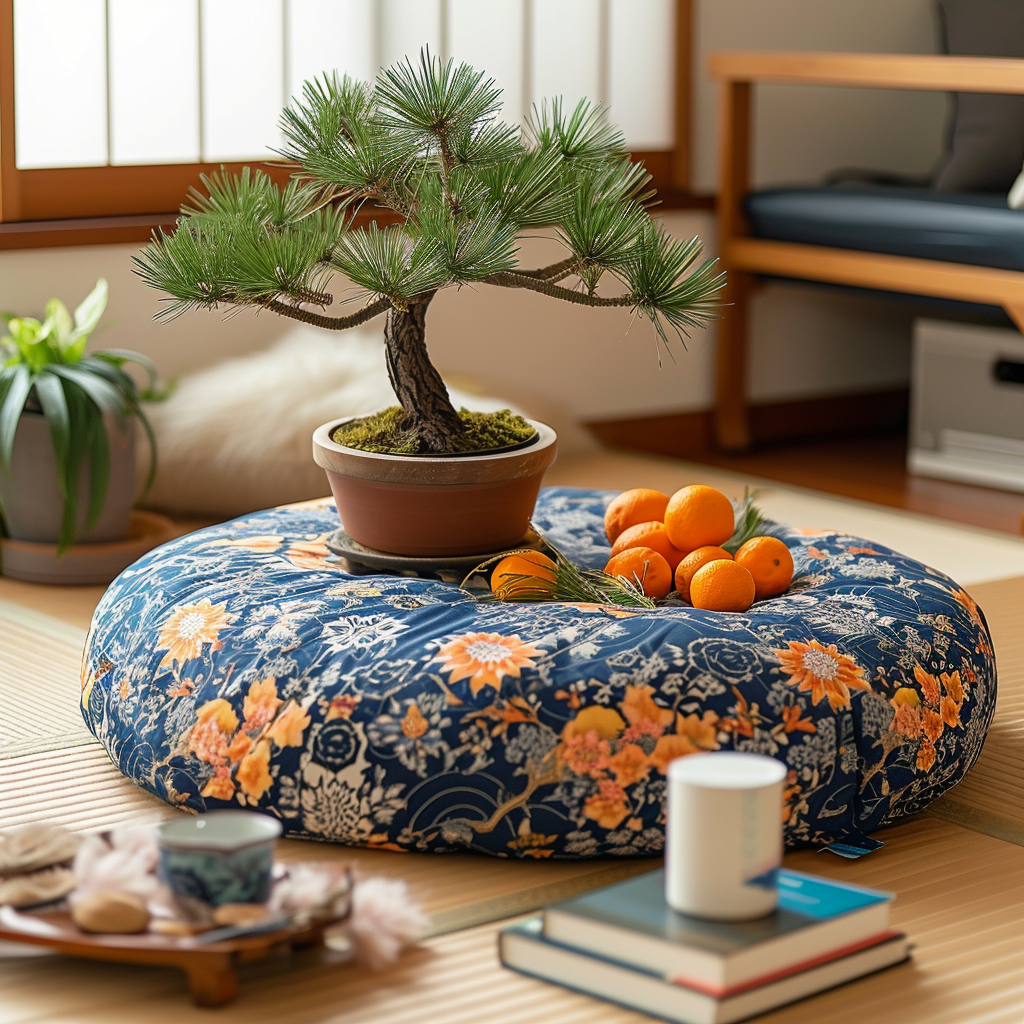 circular kotatsu pretty patterns pine bonsai tangerines