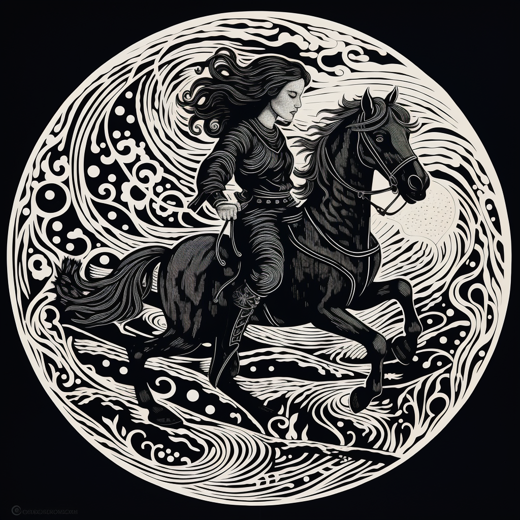 Black and white woodcut of a dullahan