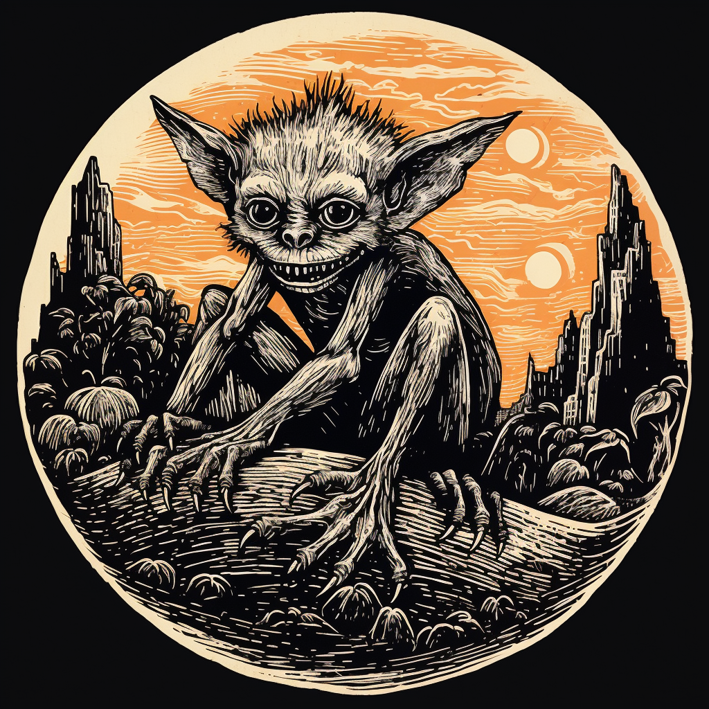 Black and white woodcut goblin in a pumpkin