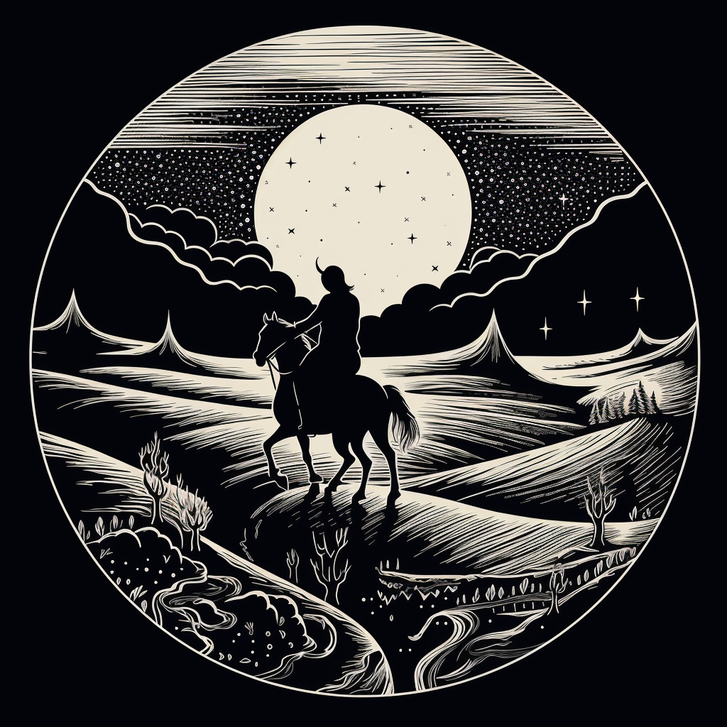 Black and white woodcut horseman riding under full moon